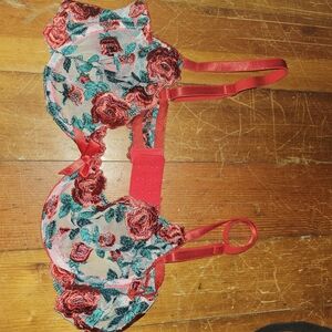 LA Girl Red Floral Embroidered Lace Bra with Teal Accents